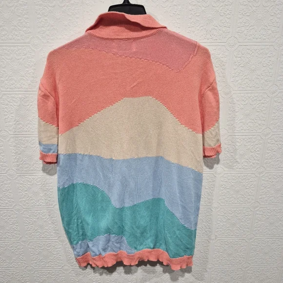 OXKNIT Short Sleeve Knit Polo Cardigan Abstract Wave Pattern Summer Knit - Picture 2 of 6